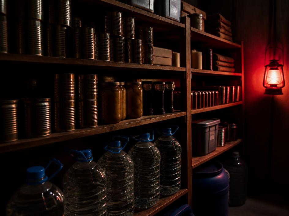 Despensa organizada con agua, latas y suministros de emergencia